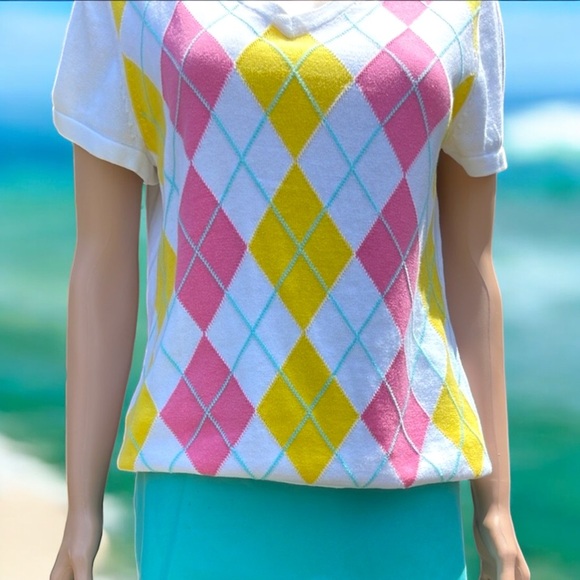Liz Claiborne Argyle Short Sleeve Pullover V-Neck Sweater - Picture 8 of 16